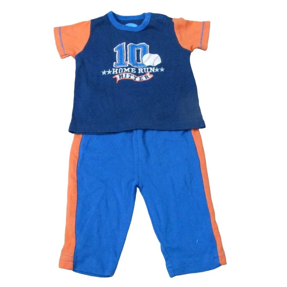 Bon Bebe 2 Pc T Shirt Pants Outfit Boy Size 3-6M Blue Orange #10 Home Run Hitter